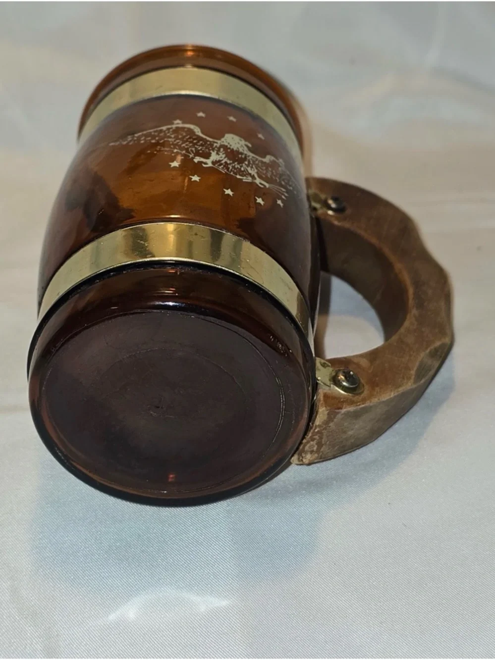 Vintage Siesta Ware Amber Glass Barrel Mug Wood Handle American Patriotic Eagle